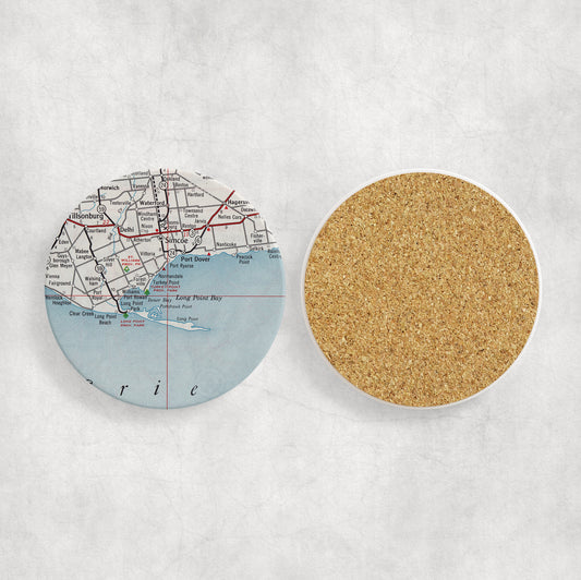 Long Point Ontario vintage map ceramic coaster with cork backing