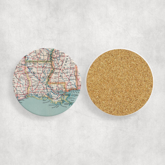 Louisiana Map Coasters | Set of 4 Vintage Louisiana Drink Coasters | Travel-Inspired Home Decor
