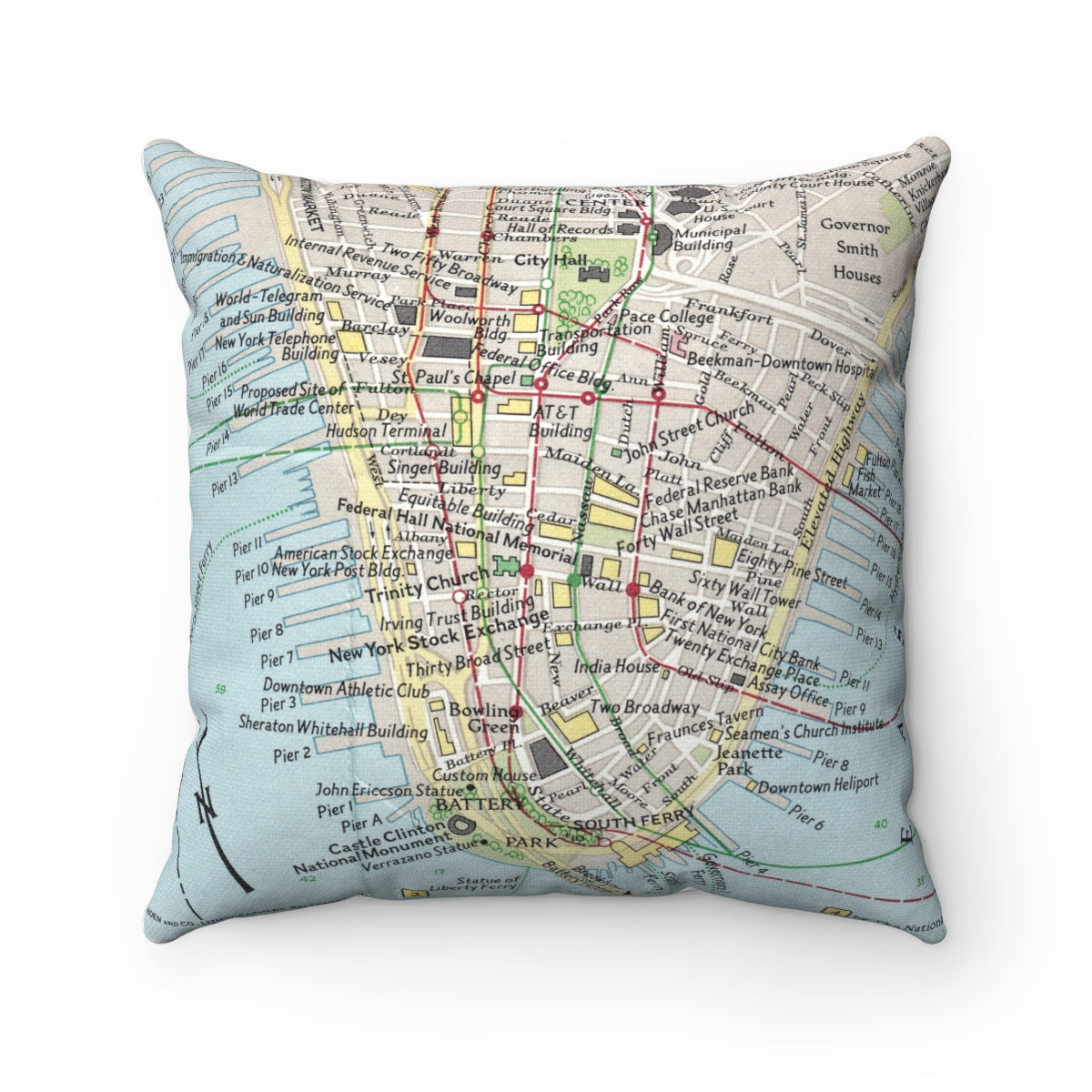 Lower Manhattan vintage map pillow