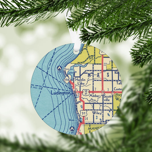 Ludington Michigan Vintage Map Ornament