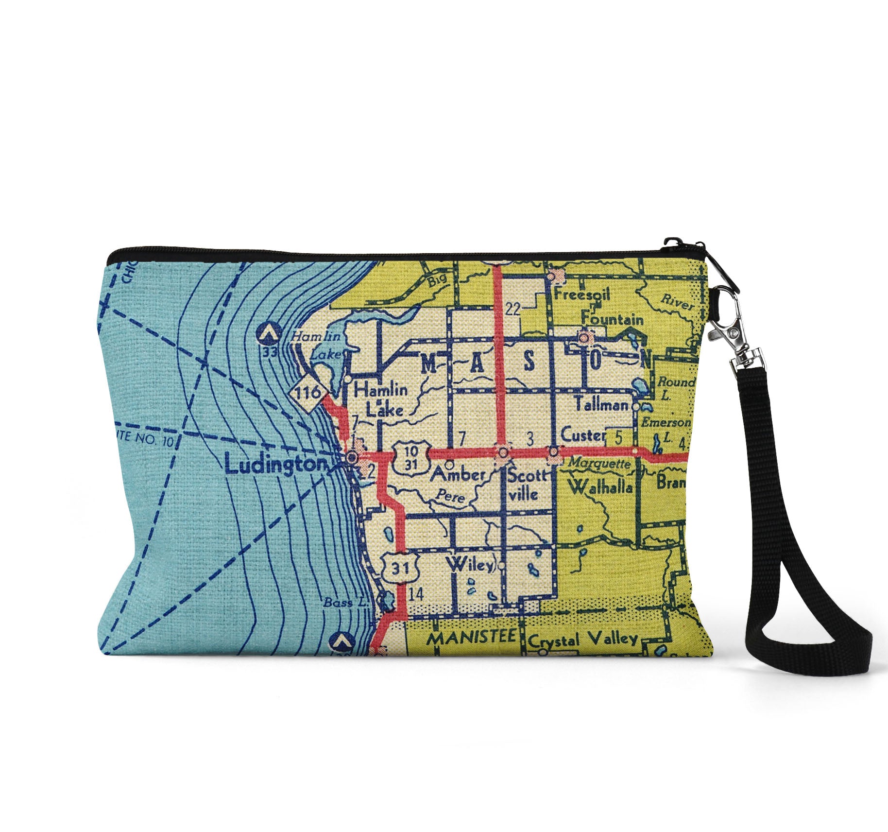 Ludington Michigan map wristlet travel pouch