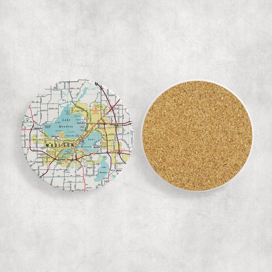 Madison Wisconsin Map Coasters | Set of 4 Vintage Madison Wisconsin Drink Coasters | Travel-Inspired Home Decor