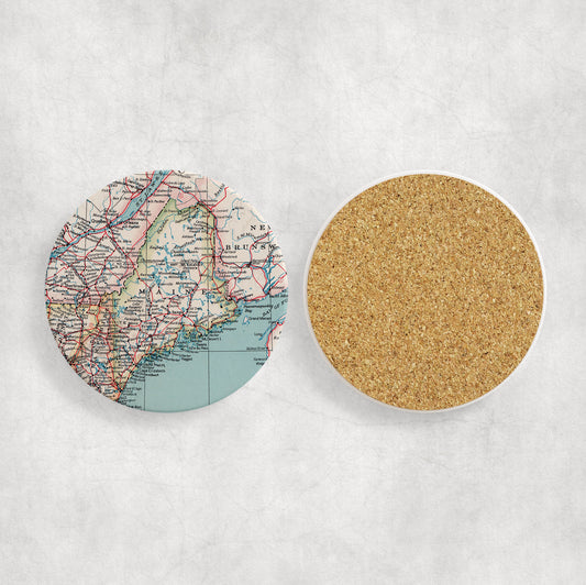 Maine Map Coasters | Set of 4 Vintage Maine Drink Coasters | Travel-Inspired Home Decor