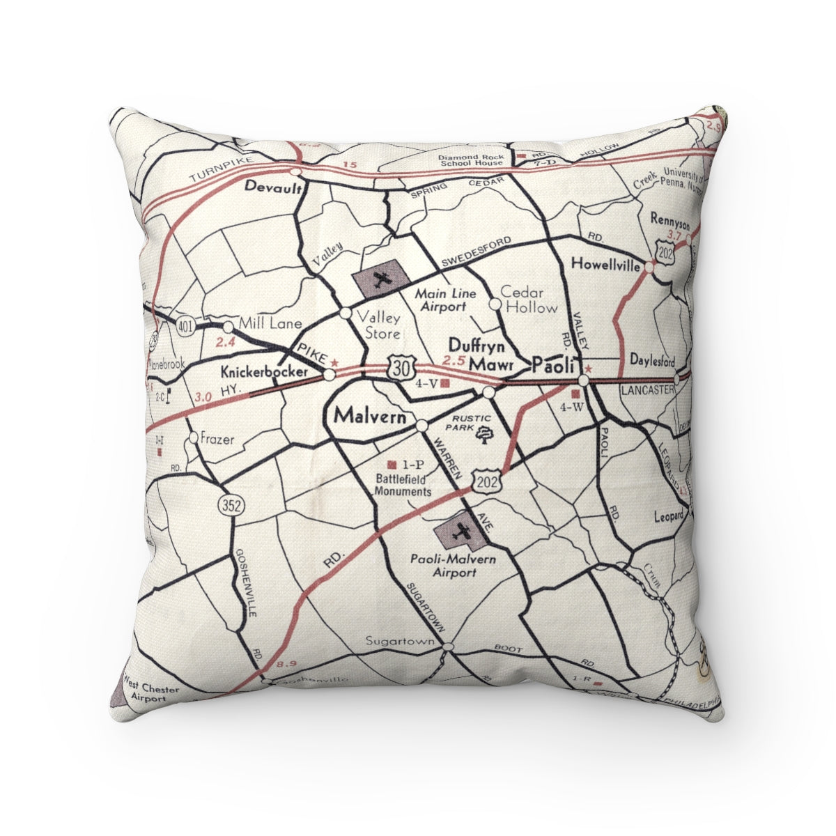 Malvern Pennsylvania vintage map pillow