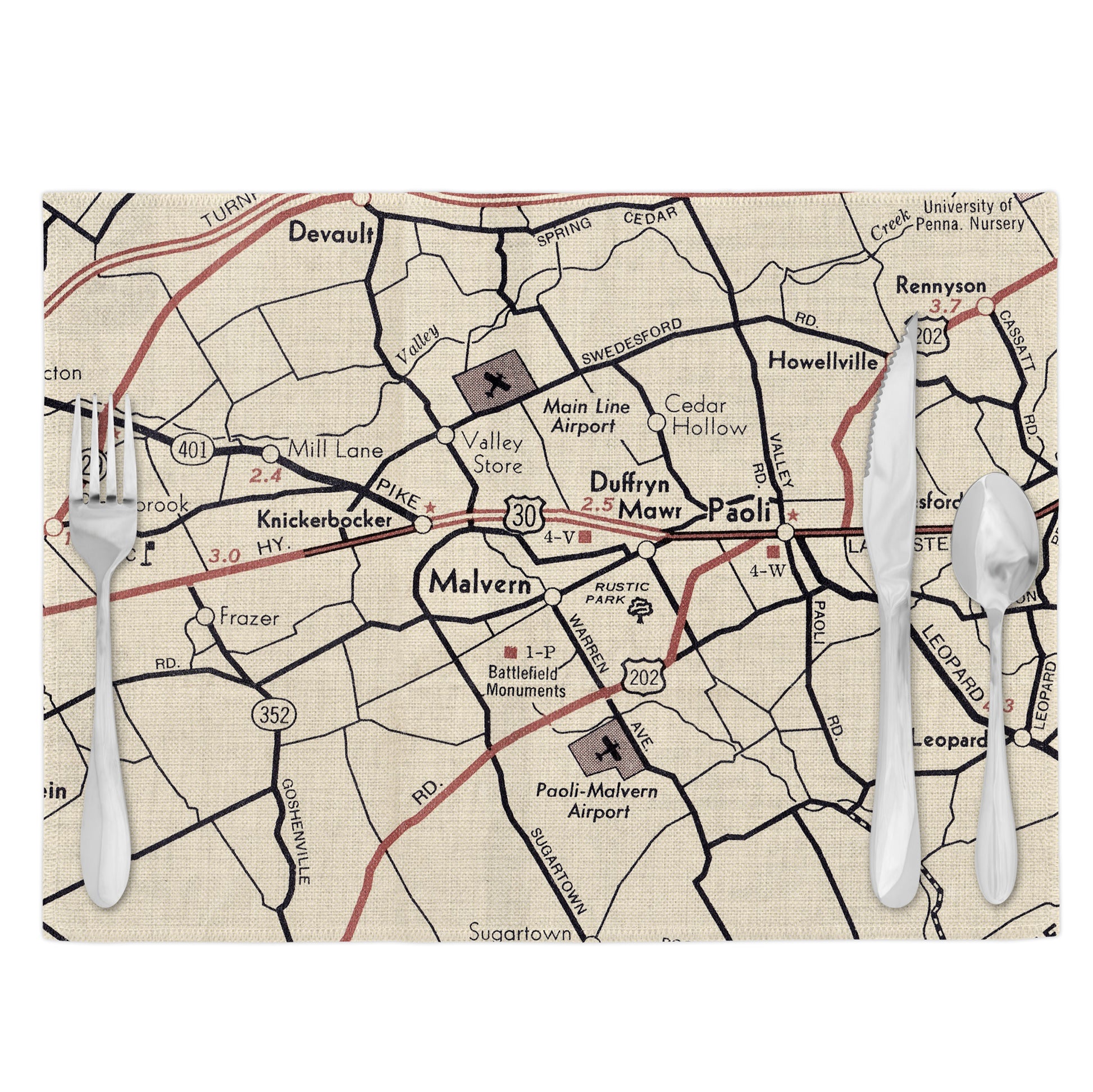 Malvern Pennsylvania Vintage Map Placemats Set of 4