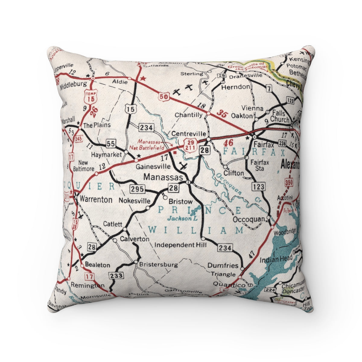 Manassas Virginia vintage map pillow