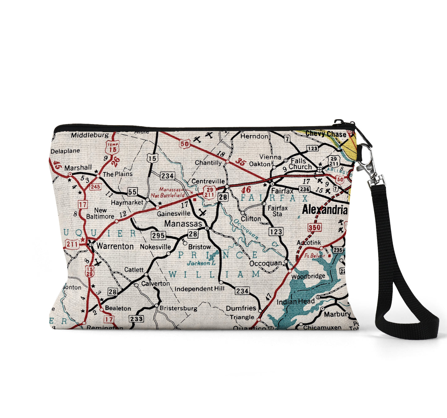 Manassas Virginia map wristlet travel pouch