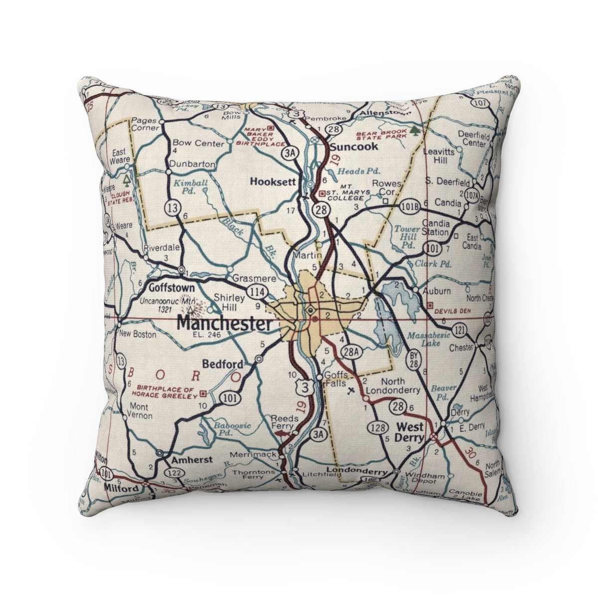 Manchester New Hampshire vintage map pillow