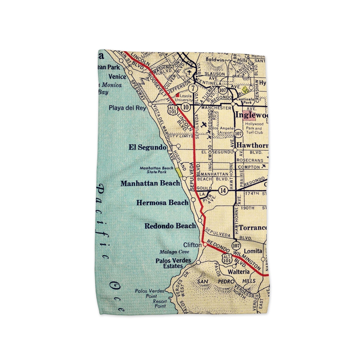 Manhattan Beach California Map Tea Towel | Waffle-Weave Kitchen Towel Gift
