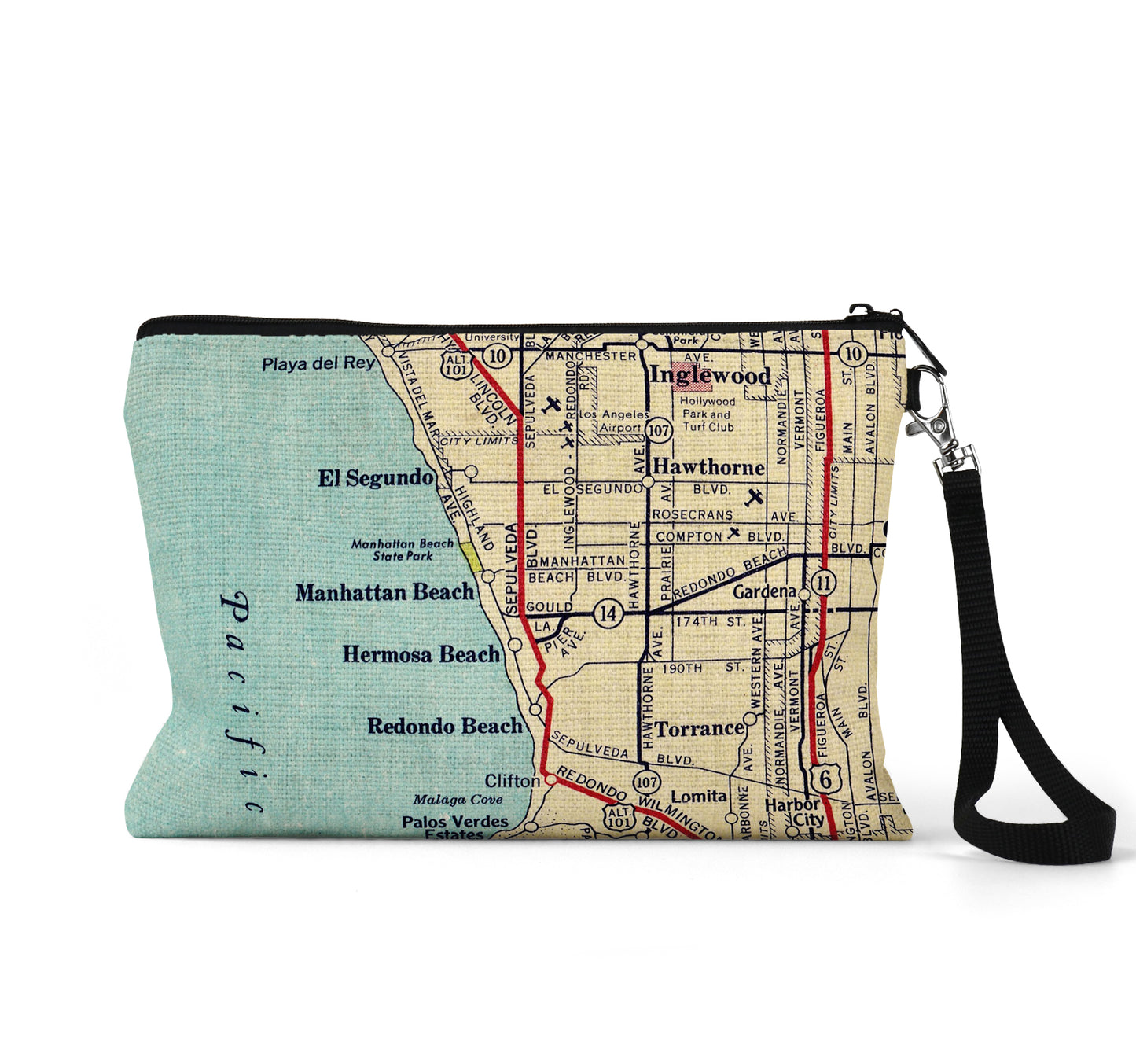 Manhattan Beach California map wristlet travel pouch