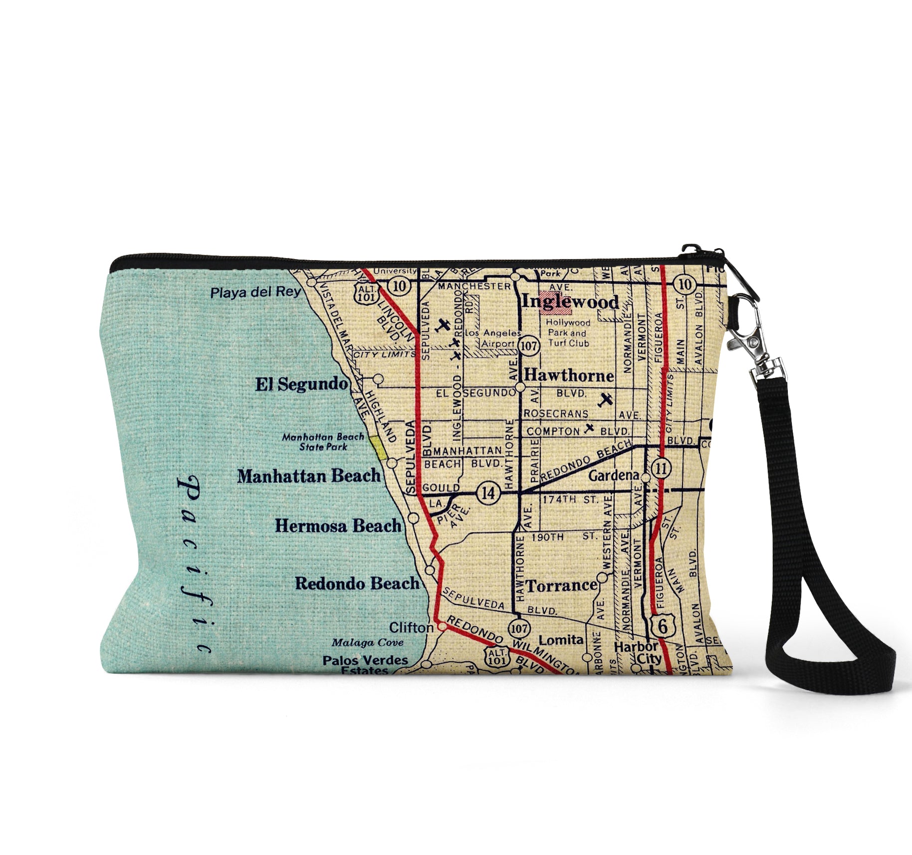 Manhattan Beach California map wristlet travel pouch