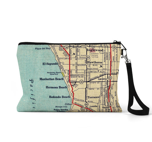 Manhattan Beach California map wristlet travel pouch