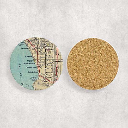 Manhattan Beach California Map Coasters | Set of 4 Vintage Manhattan Beach California Drink Coasters | Travel-Inspired Home Decor