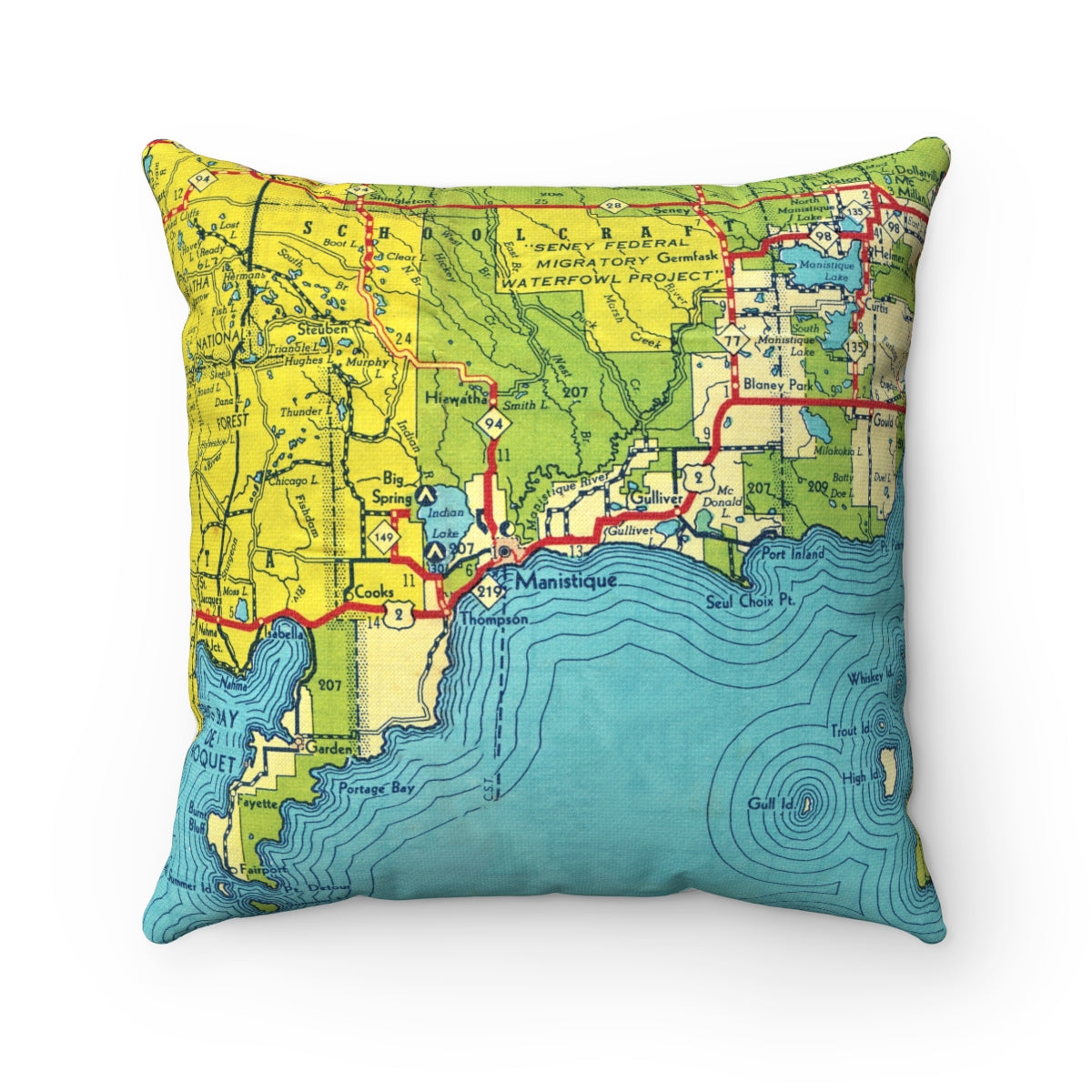 Manistique Michigan vintage map pillow