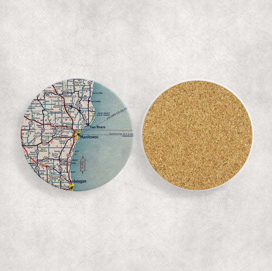 Manitowoc Wisconsin Map Coasters | Set of 4 Vintage Manitowoc Wisconsin Drink Coasters | Travel-Inspired Home Decor