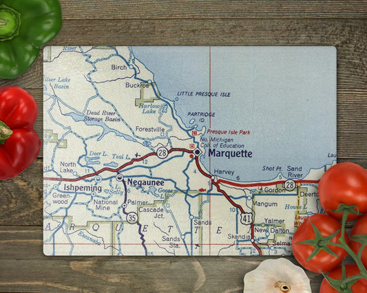 Marquette Michigan vintage map glass cutting board