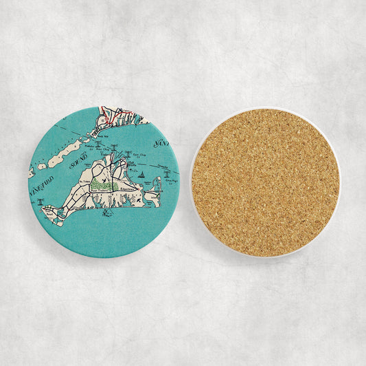 Marthas Vineyard Map Coasters | Set of 4 Vintage Marthas Vineyard Drink Coasters | Travel-Inspired Home Decor