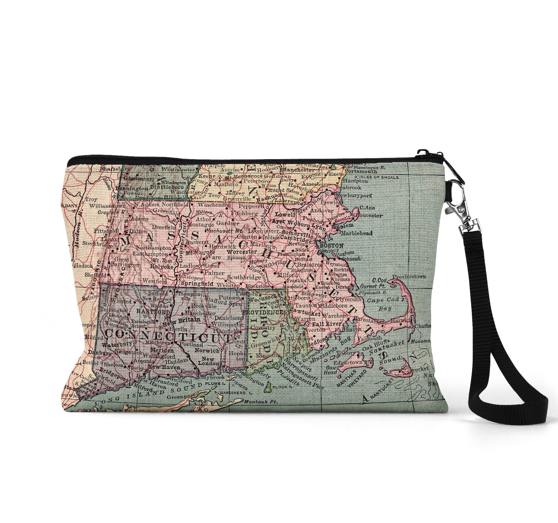 Massachusetts map wristlet travel pouch