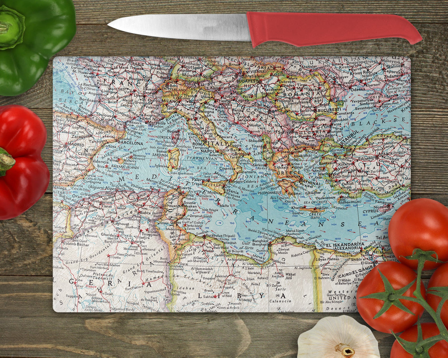 Mediterranean Sea Map Cutting Board | Travel Gift | Kitchen Decor