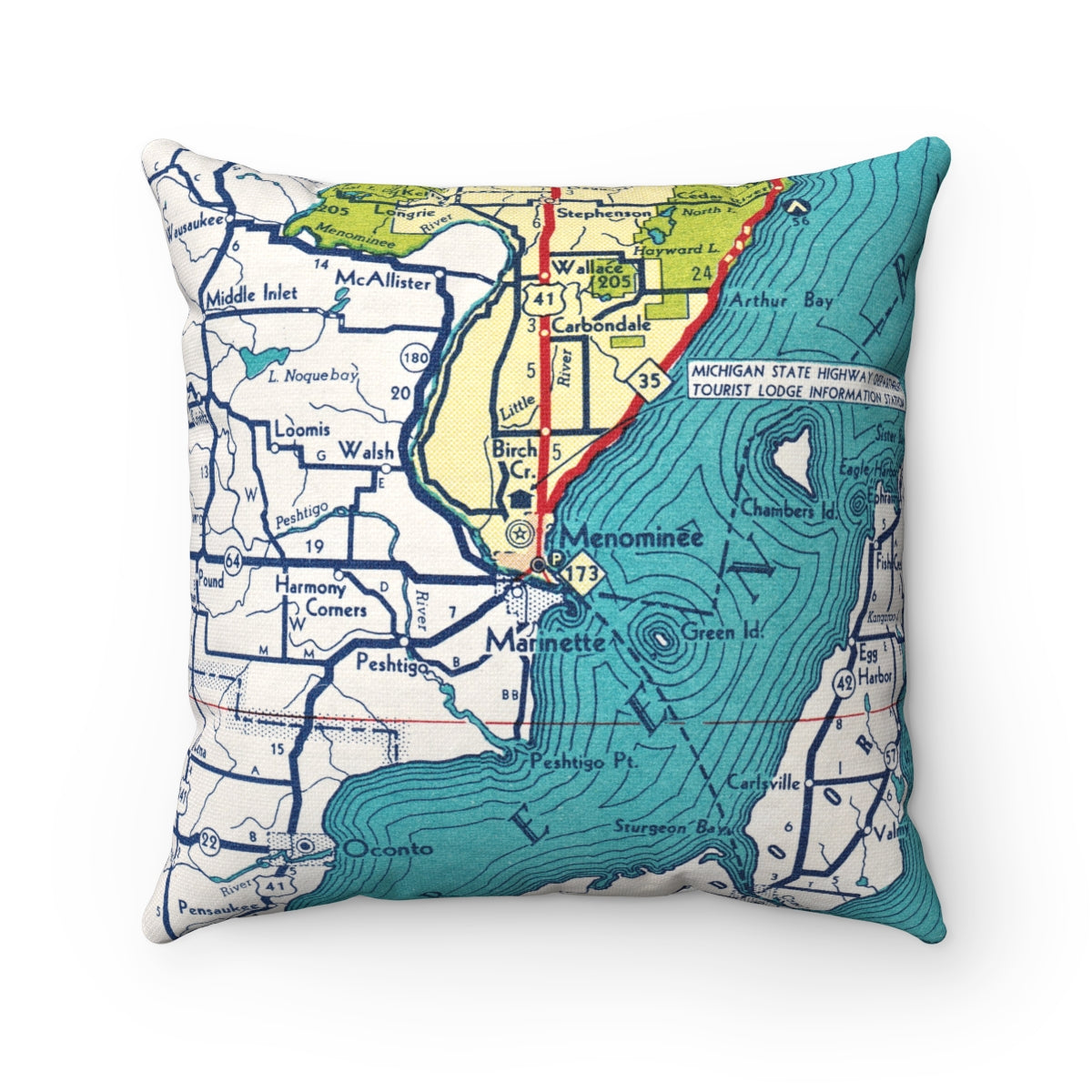 Menominee Michigan vintage map pillow