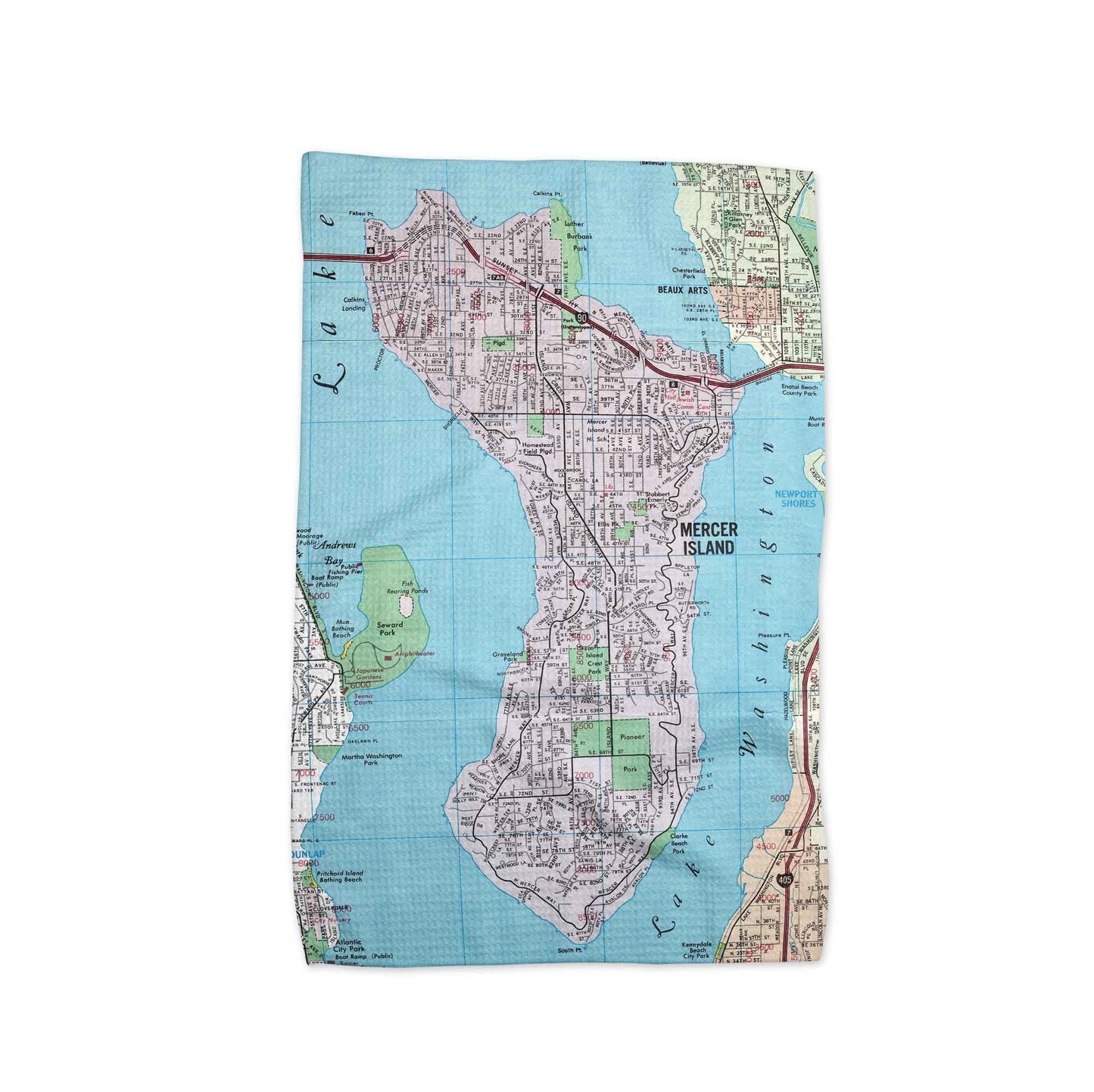 Mercer Island Washington Map Tea Towel | Waffle-Weave Kitchen Towel Gift