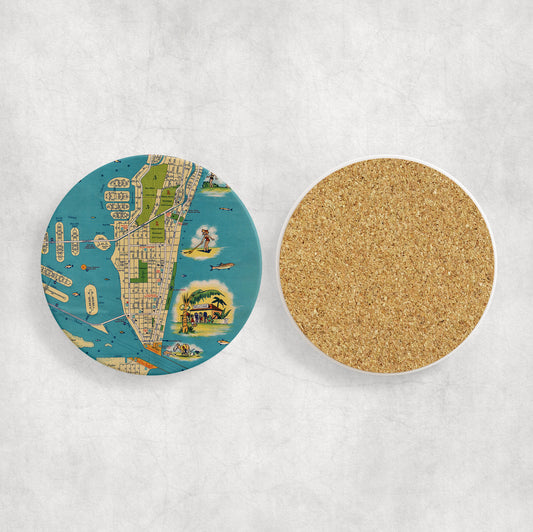 Miami Beach Florida Map Coasters | Set of 4 Vintage Miami Beach Florida Drink Coasters | Travel-Inspired Home Decor