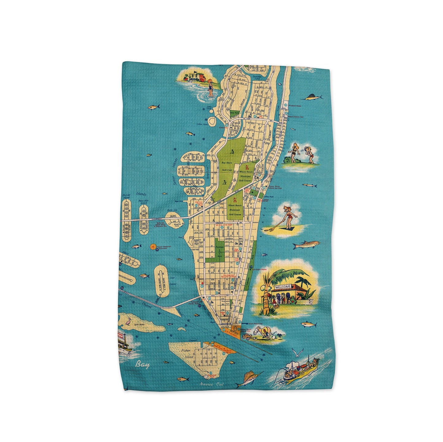 Miami Beach Florida Map Tea Towel | Waffle-Weave Kitchen Towel Gift