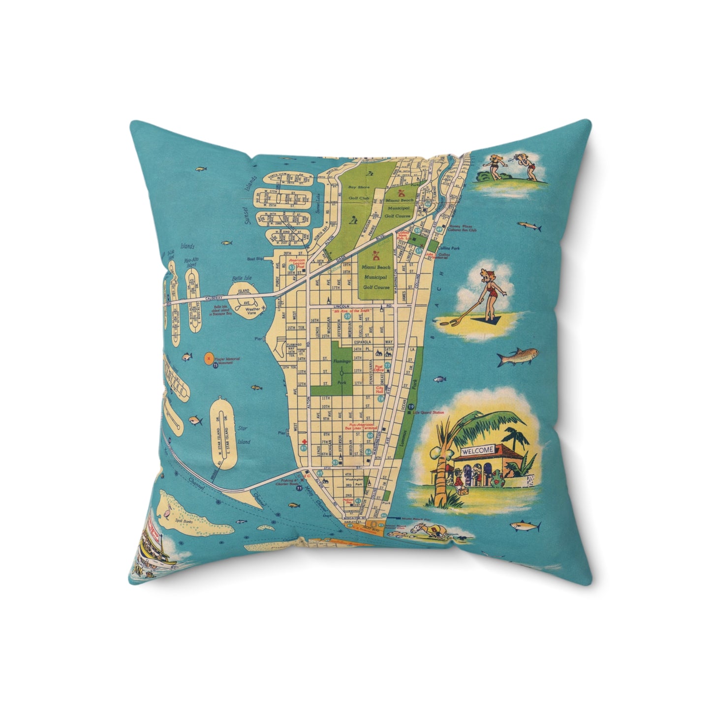 Miami Beach Florida vintage map pillow