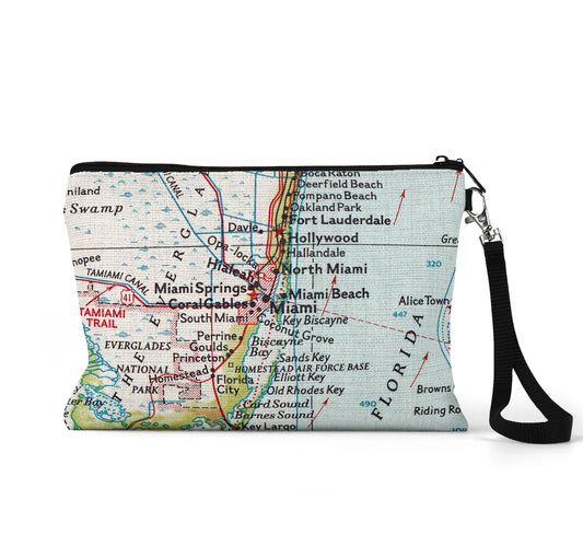 Miami Florida map wristlet travel pouch