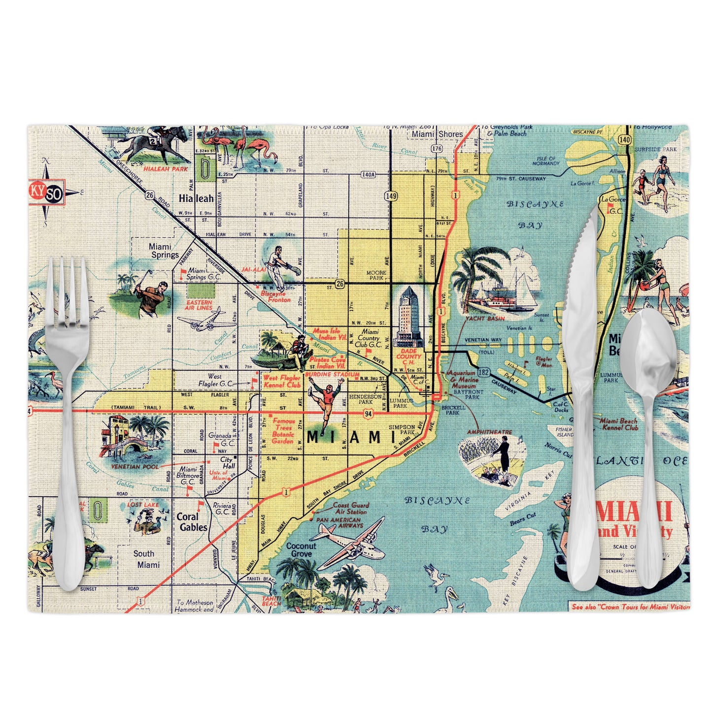 Miami Florida Vintage Map Placemats Set of 4