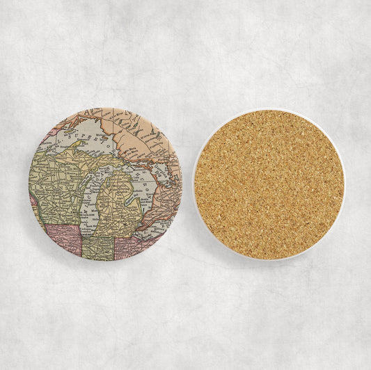 Michigan Map Coasters | Set of 4 Vintage Michigan Drink Coasters | Travel-Inspired Home Decor