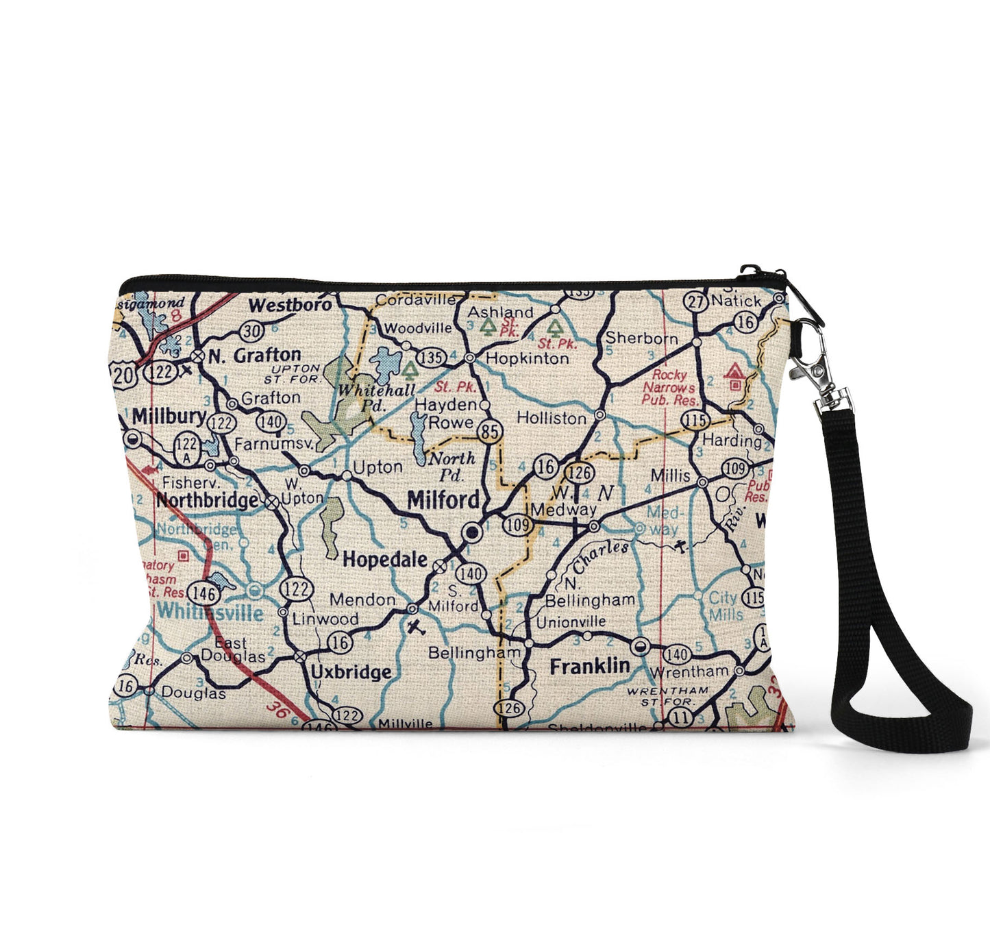 Milford Massachusetts map wristlet travel pouch
