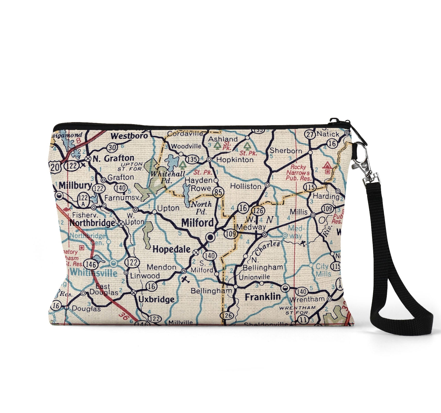 Milford Massachusetts map wristlet travel pouch