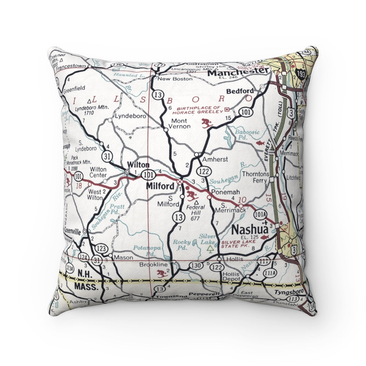 Milford New Hampshire vintage map pillow