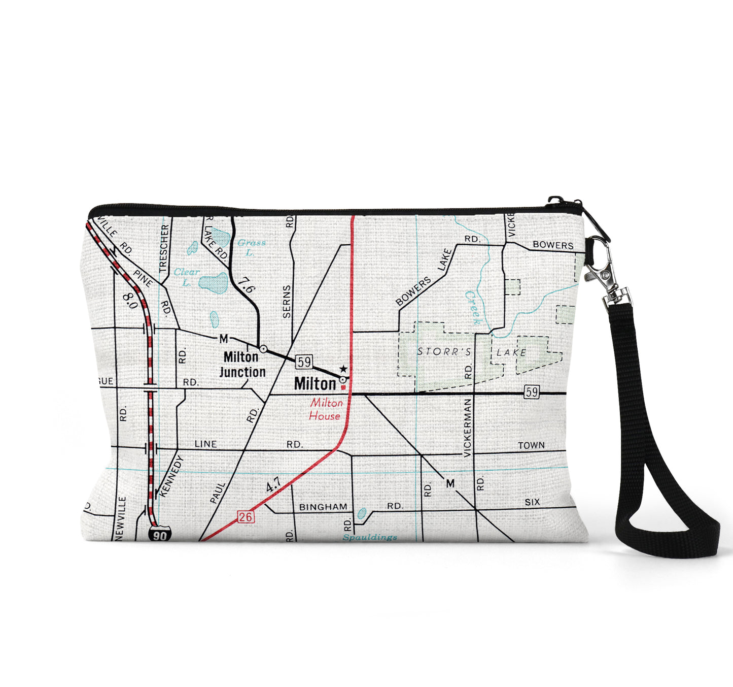 Milton Wisconsin map wristlet travel pouch