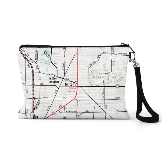 Milton Wisconsin map wristlet travel pouch