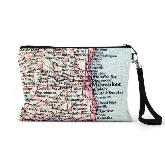 Milwaukee Wisconsin map wristlet travel pouch