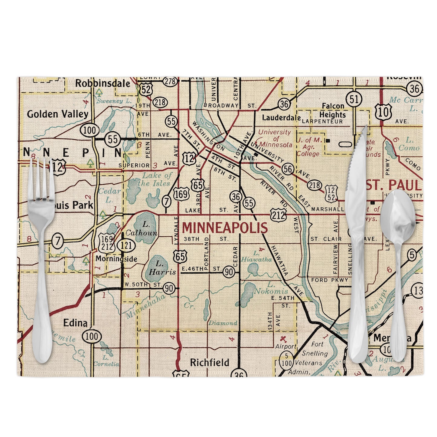 Minneapolis Minnesota Vintage Map Placemats Set of 4
