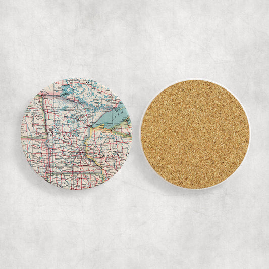 Minnesota Map Coasters | Set of 4 Vintage Minnesota Drink Coasters | Travel-Inspired Home Decor