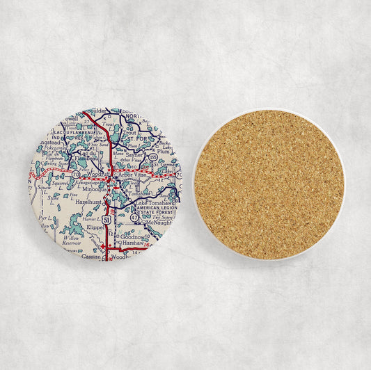 Minocqua Wisconsin Map Coasters | Set of 4 Vintage Minocqua Wisconsin Drink Coasters | Travel-Inspired Home Decor