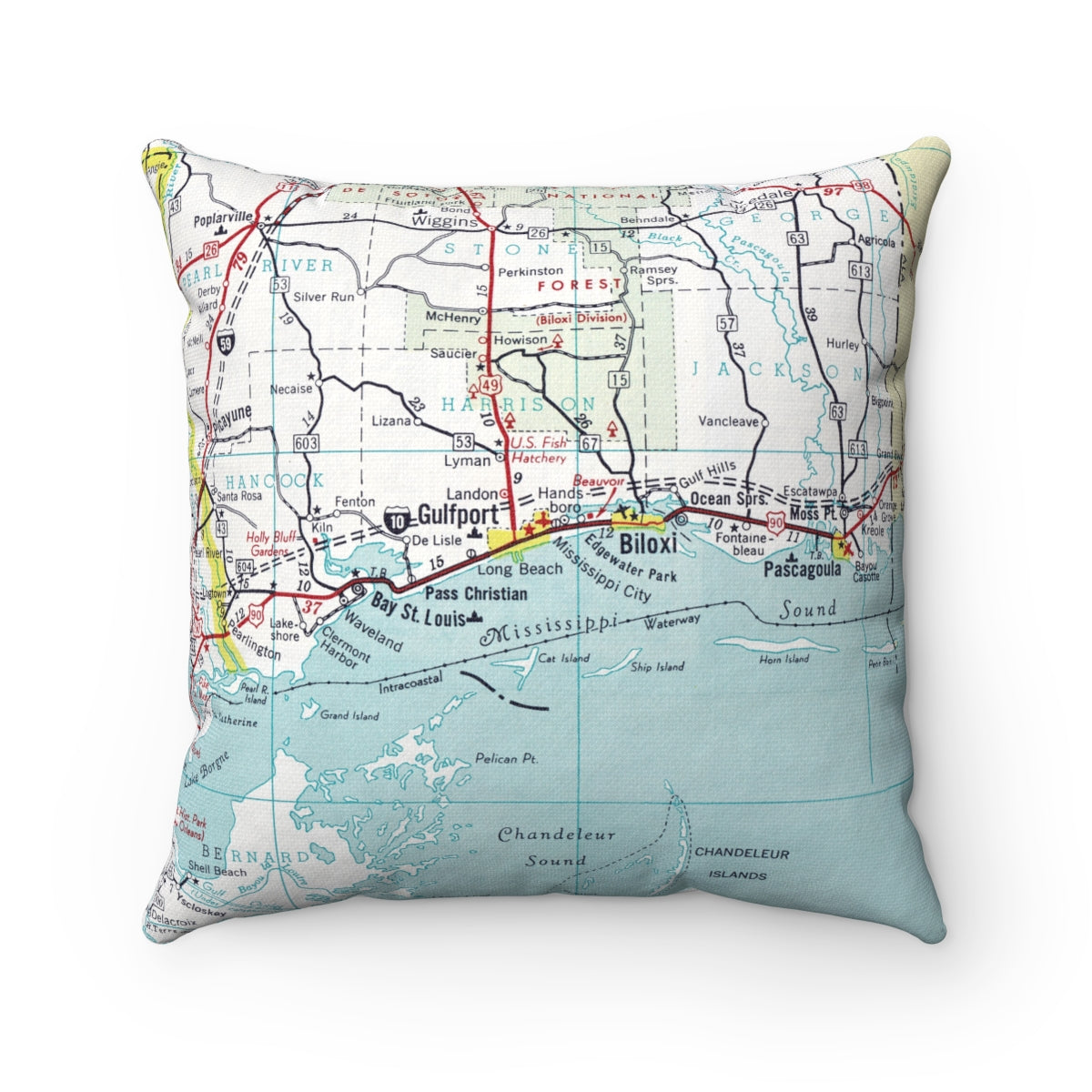 Mississippi Gulf Coast vintage map pillow
