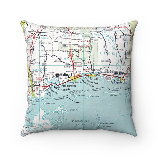 Mississippi Gulf Coast vintage map pillow