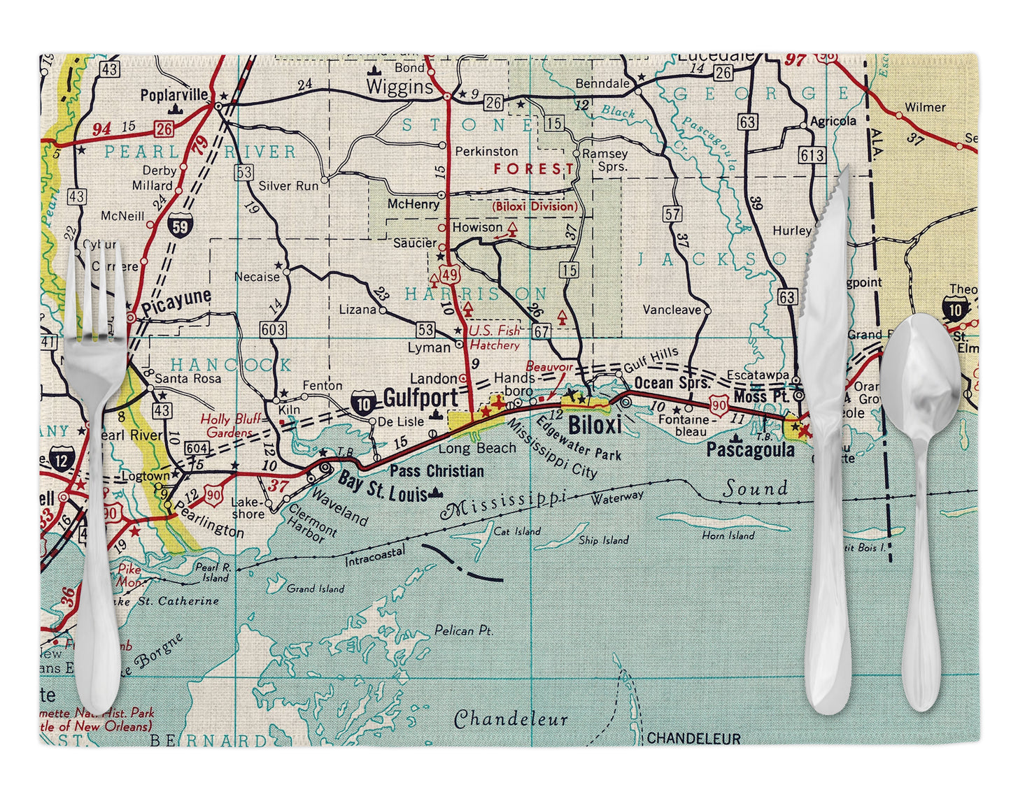 Mississippi Gulf Coast Vintage Map Placemats Set of 4
