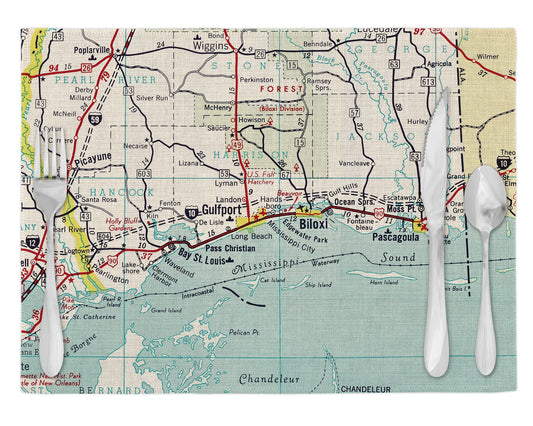 Mississippi Gulf Coast Vintage Map Placemats Set of 4