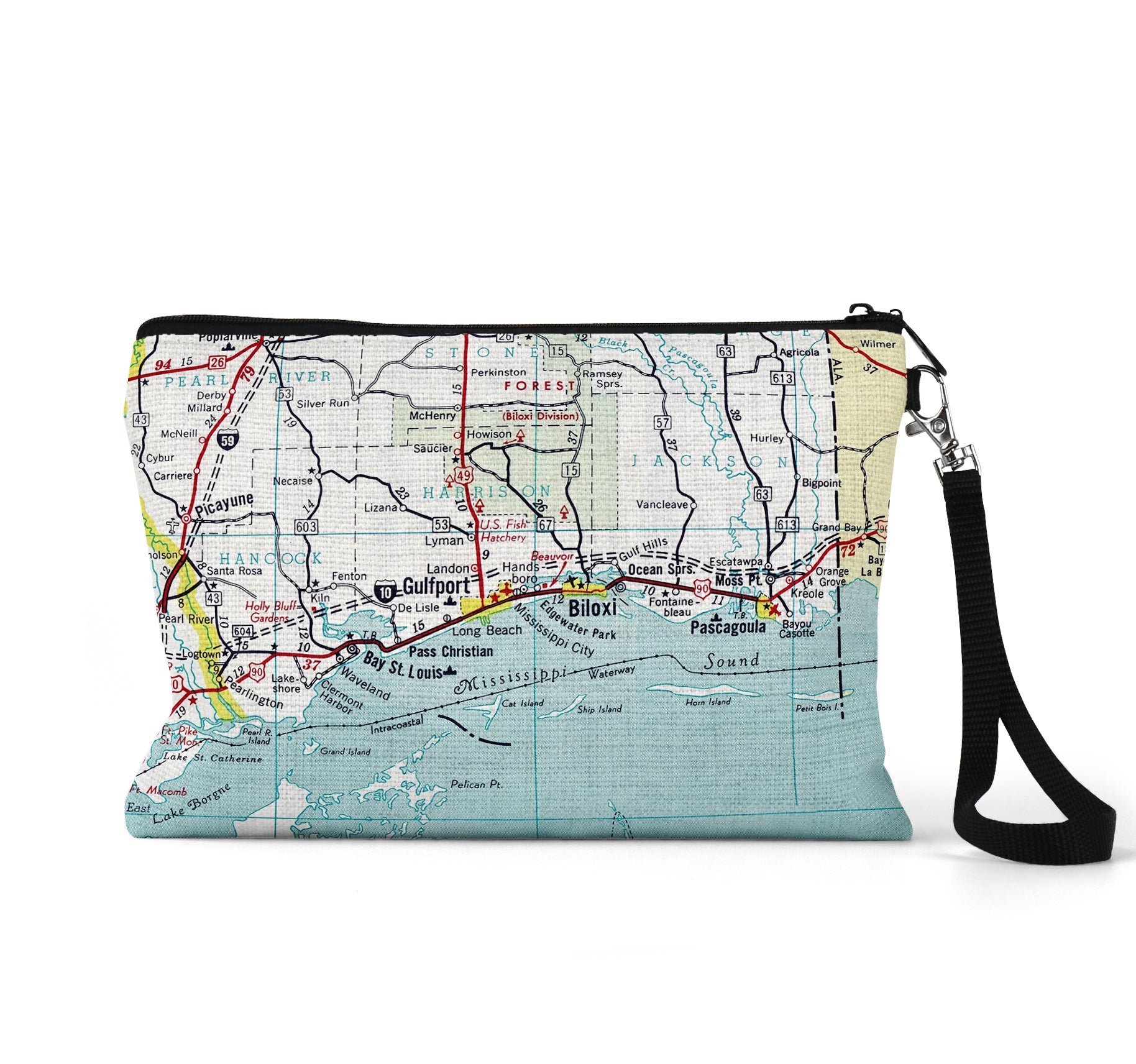 Mississippi Gulf Coast map wristlet travel pouch