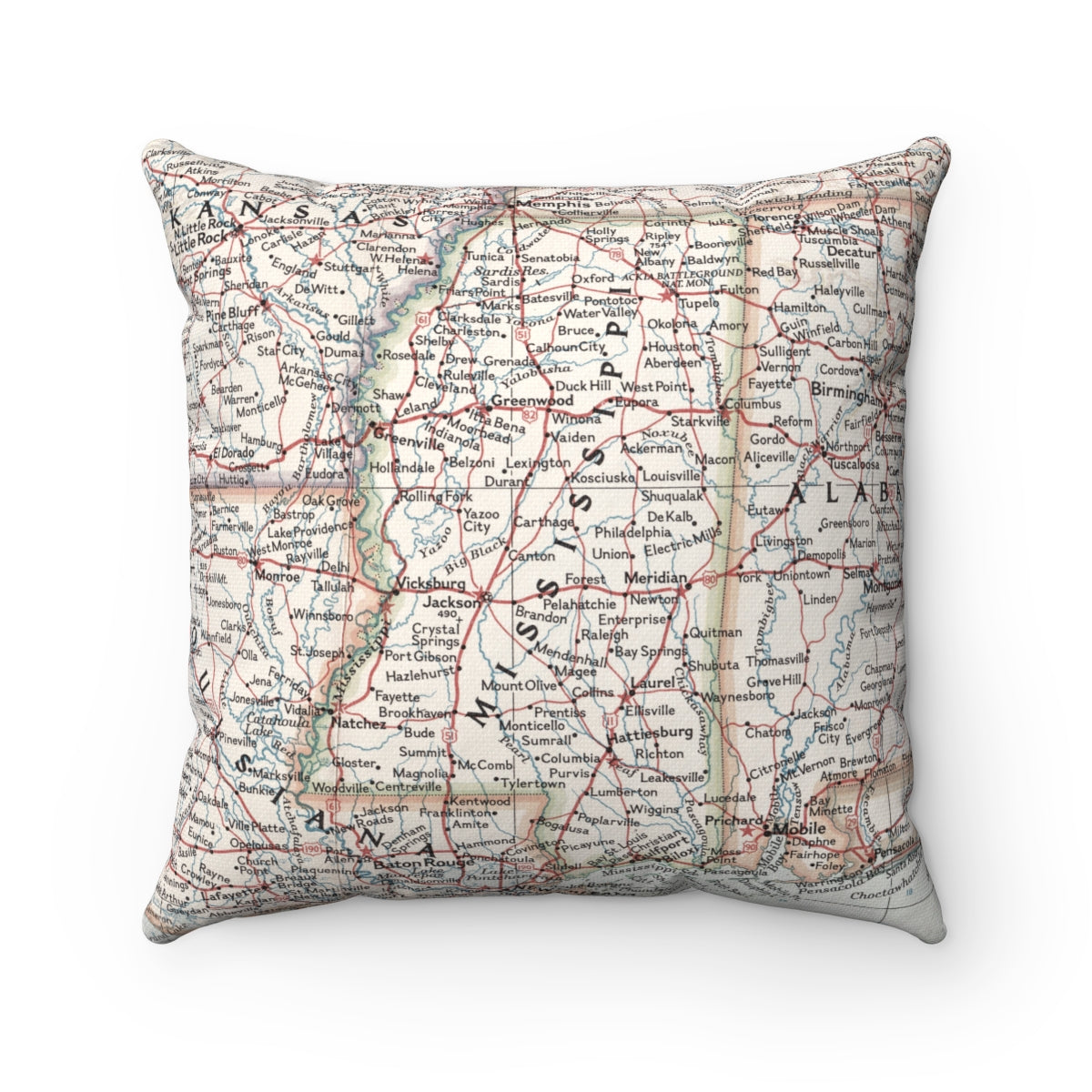 Mississippi vintage map pillow