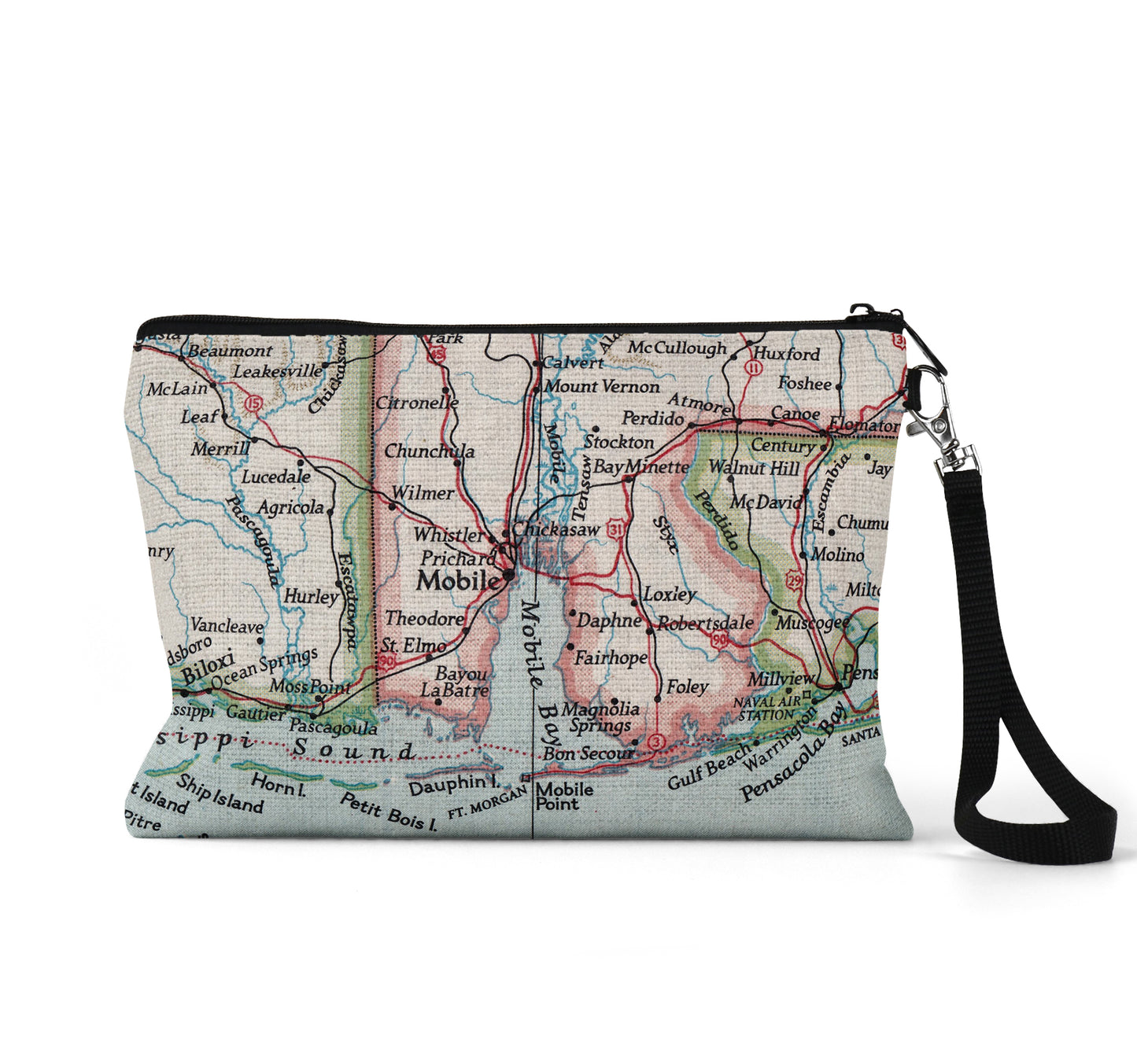 Mobile Alabama map wristlet travel pouch