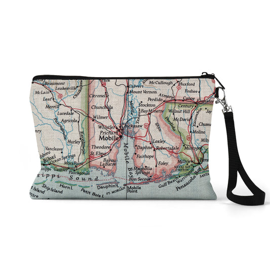 Mobile Alabama map wristlet travel pouch