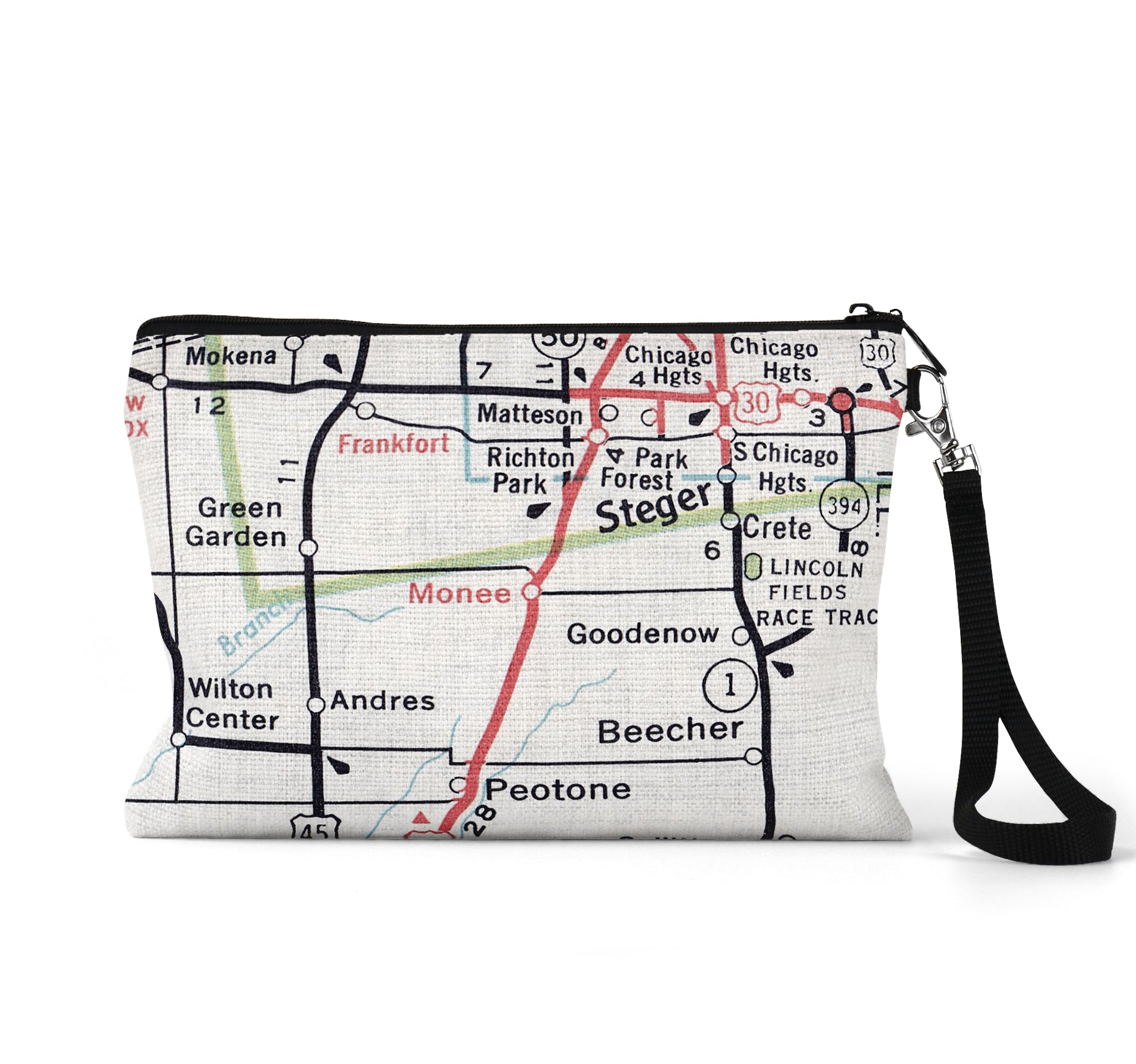 Monee Illinois map wristlet travel pouch