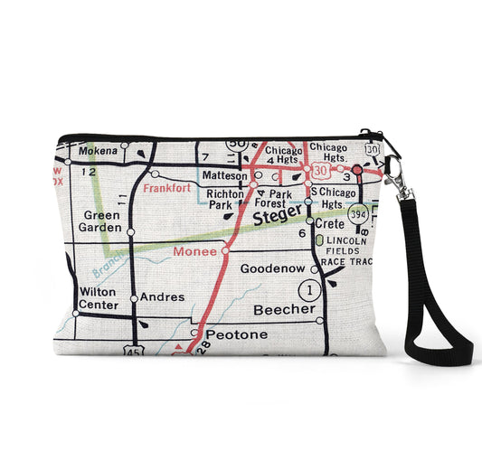 Monee Illinois map wristlet travel pouch